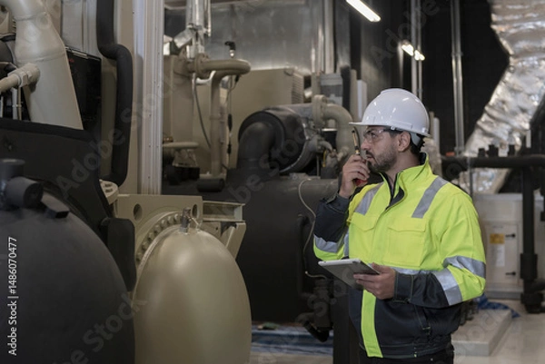 Fototapeta Mechanical engineer Checking of centrifugal pump in pump room. worker working in plant room.