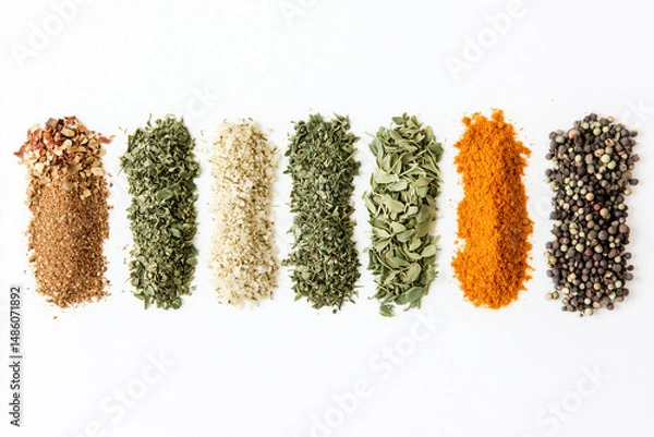 Fototapeta Colorful Spices Arranged in Vertical Strips on White Background