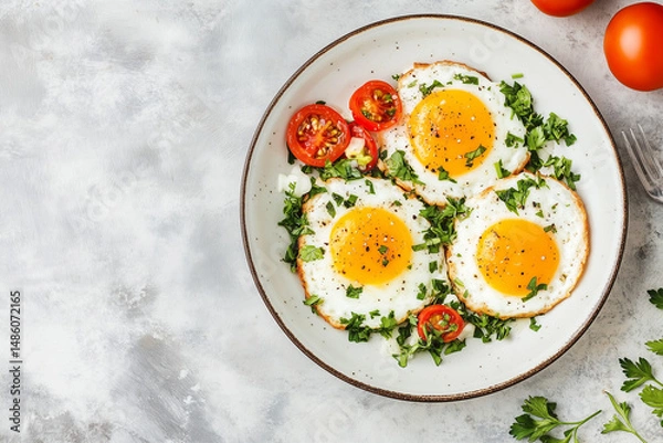 Fototapeta Fried Sunny Side Up Eggs with Cherry Tomatoes and Fresh Herbs