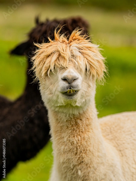 Obraz Funny looking alpaca staring into the camera with barely visible eyes through the bushy bangs and smiling with his teeth out.