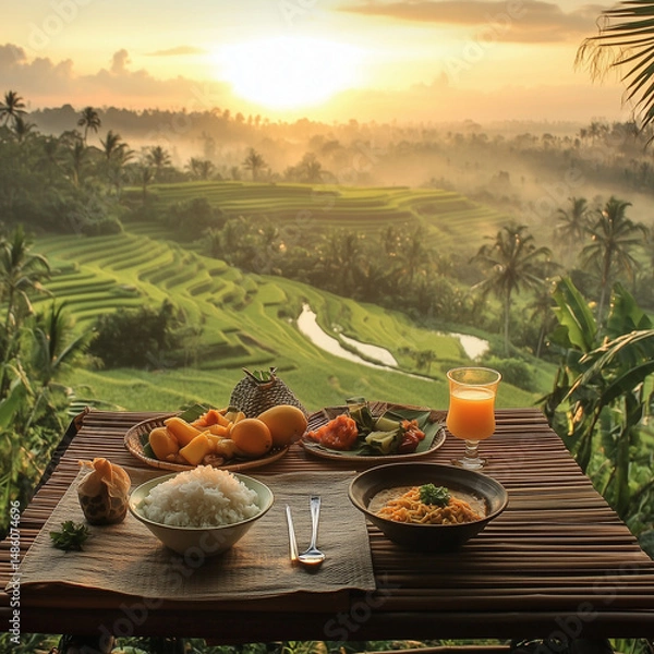 Fototapeta Scenic Tropical Breakfast Setting with Lush Green Rice Field View and Morning Sunlight