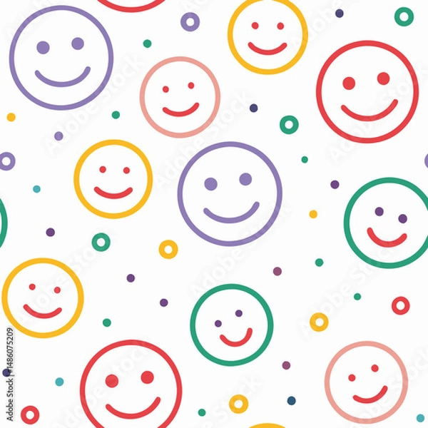 Fototapeta Happy faces pattern with colorful outlines and scattered dots