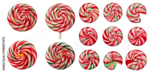 Fototapeta Colorful Swirled Lollipops in Various Sizes on White Background, Isolated on Transparent, white background