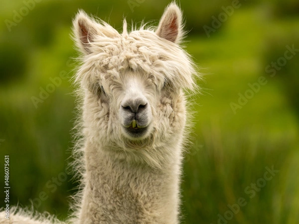 Obraz Closeup portrait of adorable white alpaca during a daily graze in Scottish Galloway hills. Beautiful furry animal on bright blurry green and flowery background.