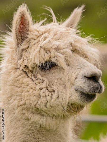 Obraz Closeup portrait of adorable white alpaca during a daily graze in Scottish Galloway hills. Beautiful furry animal on bright blurry green and flowery background.