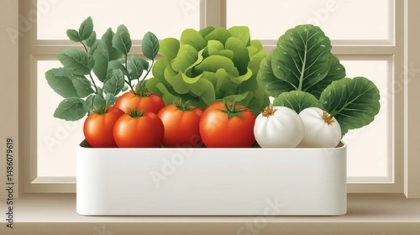 Fototapeta Balcony vegetable planter in minimalist style, labeled diagram showing tomatoes, herbs and lettuce in a clean modern container