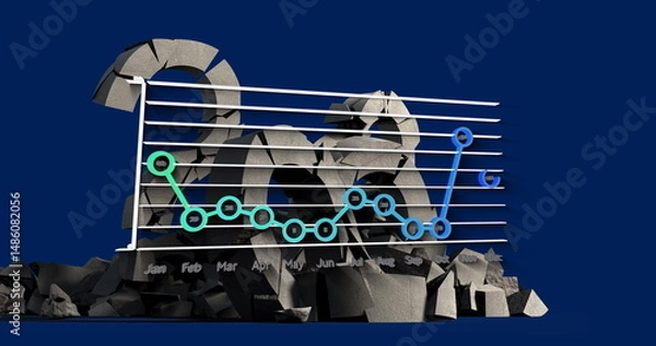 Obraz White grid and gradient line graph showing monthly data in 3D render, with cracked 2023 sculpture