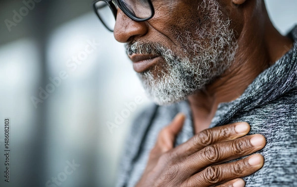 Fototapeta Older man with gray beard and glasses holding his chest in pain, showing concern and discomfort in close up view