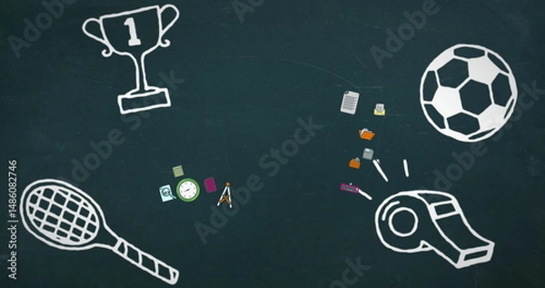Fototapeta Chalkboard sports drawings featuring trophy, ball, racket, whistle in class, with digital icons