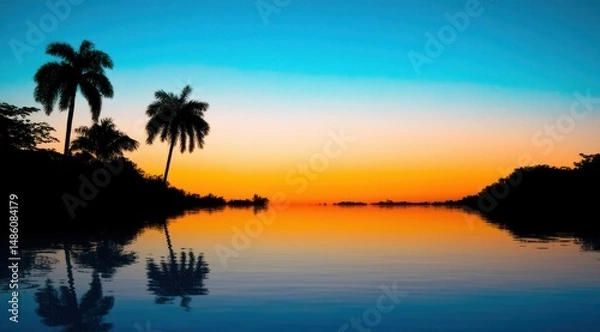 Fototapeta Tranquil sunset reflection with silhouetted palm trees over calm water at twilight.
