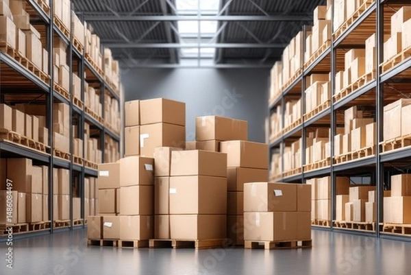 Fototapeta a warehouse, efficient storage solutions involve boxes and pallets for seamless logistics; organized shelves support distribution of stock, ensuring goods' supply and packaging security.
