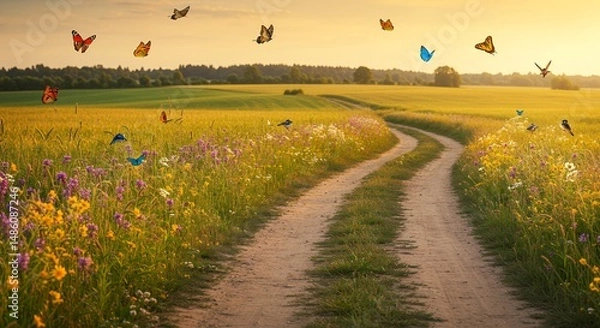 Obraz Butterflies Over Field, Dirt Road