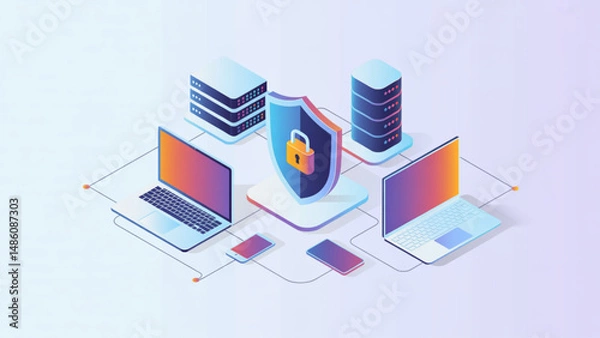 Obraz modern vector illustration of cybersecurity, featuring isometric devices such as a laptop, smartphone, desktop monitor, and server stack.