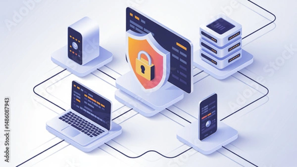 Obraz modern vector illustration of cybersecurity, featuring isometric devices such as a laptop, smartphone, desktop monitor, and server stack.