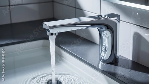 Fototapeta Modern faucet in a kitchen sink with water flowing, showcasing sleek design and functionality during the day