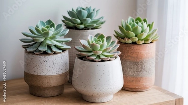 Fototapeta Succulent plants in decorative pots displayed on a wooden surface beside a window with natural light