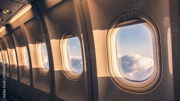 Fototapeta Views of clouds from an airplane window during a scenic flight above the sky in bright daylight