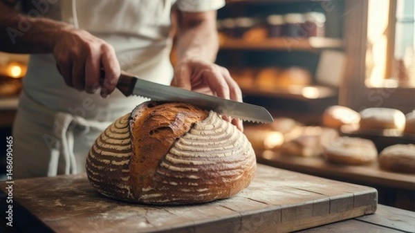 Fototapeta Baker skillfully cuts fresh sourdough bread in a warm, inviting bakery with rustic decor