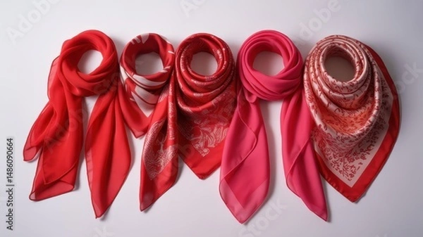 Fototapeta Collection of vibrant scarves in shades of red and pink arranged neatly on a flat surface, showcasing various patterns and textures