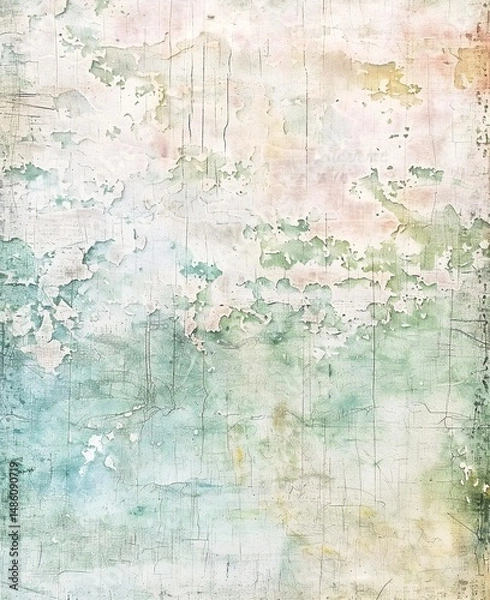 Obraz A vintage-inspired wallpaper design featuring muted greens, blues, and yellows, with a textured blend of watercolor and mediums, evoking nature and tranquility.