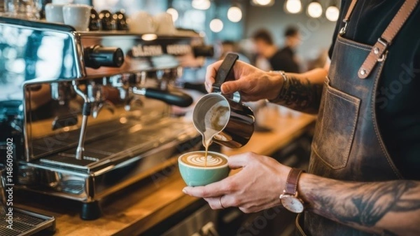 Fototapeta Barista skillfully pouring latte art into a green cup at a bustling coffee shop
