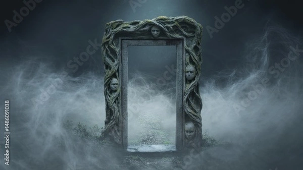 Fototapeta Mysterious stone doorway entangled with vines and faces surrounded by mist evokes an eerie atmosphere