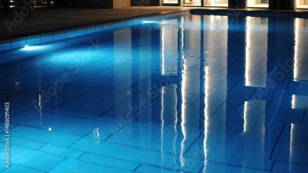 Fototapeta Relaxing evening by the illuminated pool with reflections showcasing serene beauty and tranquility in a modern setting