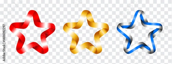 Fototapeta Ribbons in the form of stars in red, gold and white-blue colors. Set of isolated vector illustrations on a transparent background