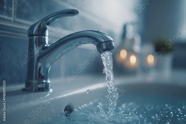 Fototapeta A close up of water running from a modern, chrome faucet into a white ceramic sink, with blurred background of a tastefully decorated bathroom.