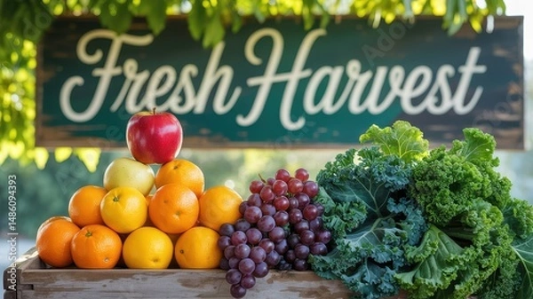 Fototapeta Colorful display of fresh fruits and vegetables at a local farmer's market showcasing seasonal produce in a vibrant outdoor setting