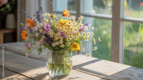 Fototapeta Colorful wildflower bouquet in a glass vase on a wooden table with sunlight streaming through the window