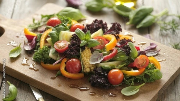 Fototapeta Colorful fresh salad with a variety of vegetables served on a wooden cutting board in a rustic kitchen setting