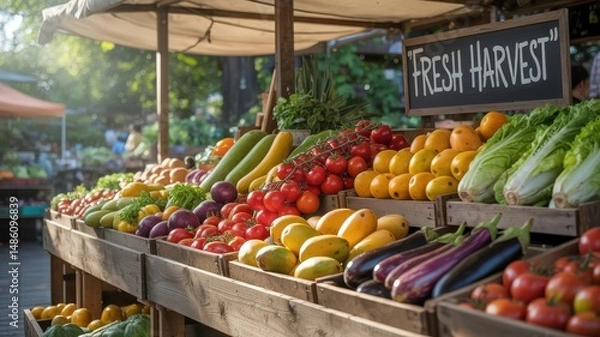 Fototapeta Fresh harvest of colorful fruits and vegetables displayed at an outdoor market in late afternoon light