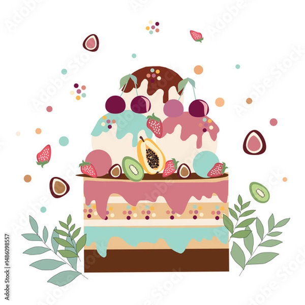 Fototapeta birthday cake with ice cream and summer fruits chocolate cake with icing and melted  berry, ice cream,strawberry,kiwi,cherry,sweets, flat vector illustration on white background