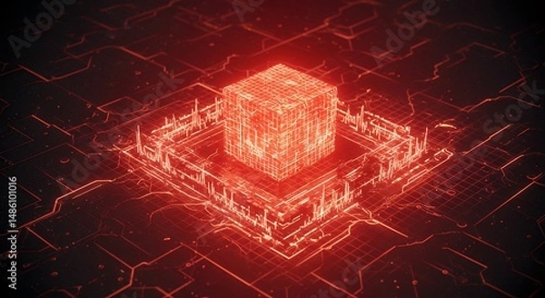 Obraz Glowing Red Cube on Circuit Board