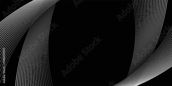 Obraz Black abstract background with dark gray curve lines design. Modern simple stripes lines concept. Dark wavy graphic design element with space for your text. Suit for cover, poster, banner, brochure.