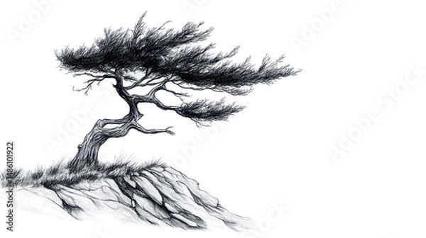 Fototapeta Windswept tree on cliff