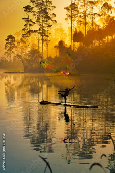 Fototapeta fishing boat on the lake at Situ Cileunca Bandung Pangalengan West Java Indonesia
