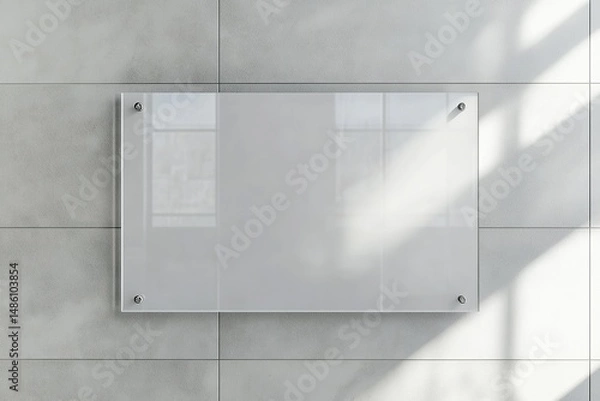 Fototapeta 3D rendering of a glass sign on a wall mockup. A blank, transparent plate with square