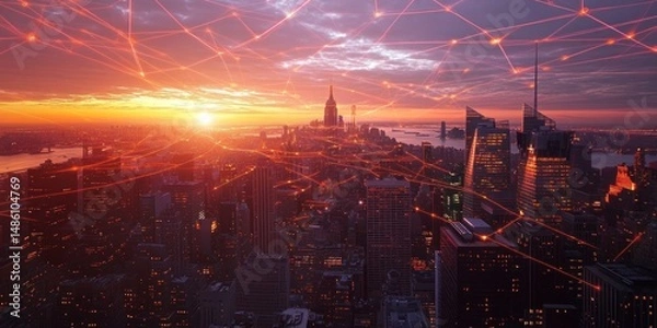 Fototapeta Manhattan Skyline at Sunset: A Network of Connections