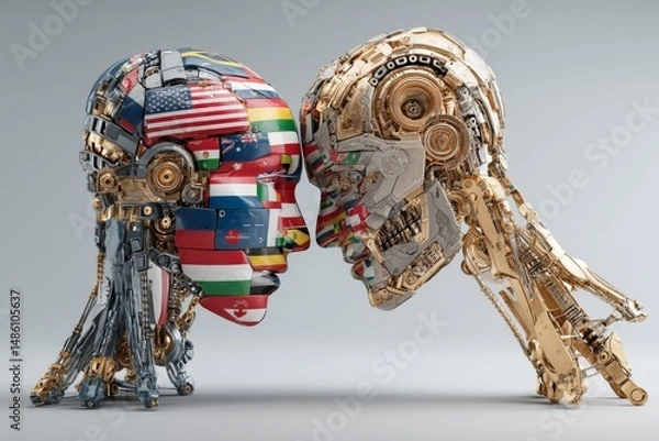 Fototapeta Robotic Heads Covered with International Flags Face Each Other, Metallic Texture, Concept of Global Connection, Futuristic Look