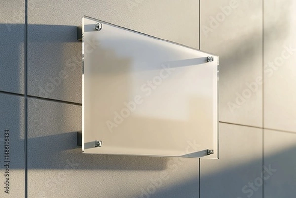 Fototapeta 3D rendering of a glass sign on a wall mockup. A blank, transparent plate with square edges
