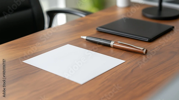 Fototapeta White blank sheet of paper, expensive pen and notebook on elegant office desk. Concept of business preparation, planning, writing ideas, office work, corporate style and business communication.
