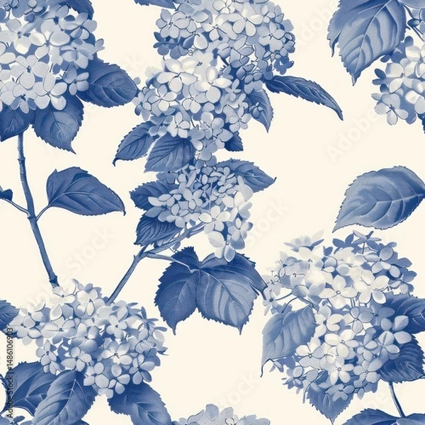 Fototapeta Blue flowering hydrangena pattern in toile de jouy style as seamless repeating tile background 2