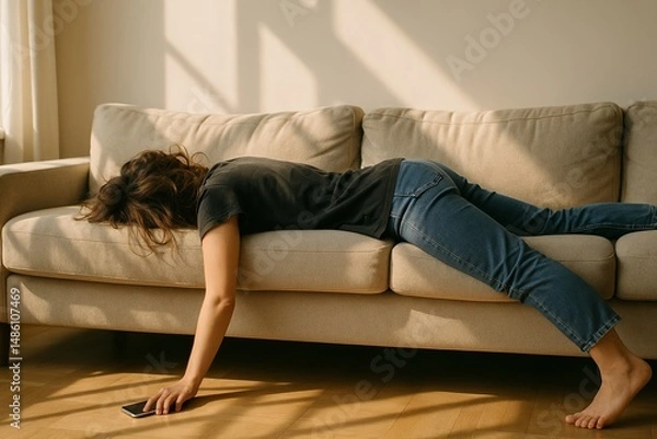 Fototapeta A woman in jeans and a black shirt lies facedown on a beige sofa in a sunlit room, her arm limp with a phone in hand. The image captures exhaustion and digital fatigue, symbolizing mental burnout