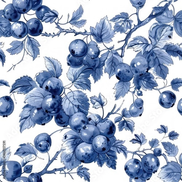 Fototapeta Blueberries fruit pattern in style of toile de jouy as seamless repeating backgound tile 1