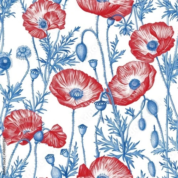 Fototapeta Red poppy flower pattern in style of toile de jouy as seamless repeating backgound tile 1