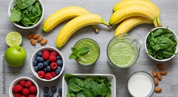 Obraz Green Smoothie with Banana Spinach and Fruits