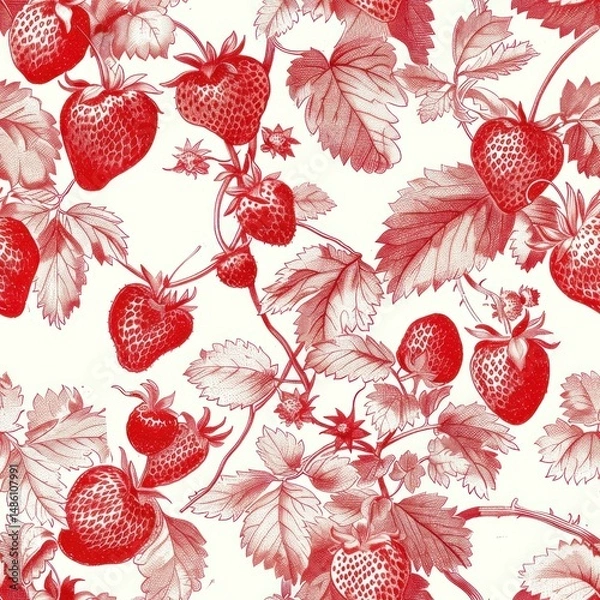 Fototapeta Red strawberries pattern in style of toile de jouy as seamless repeating backgound tile 1