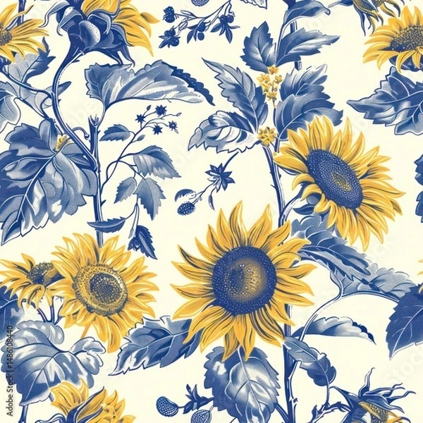 Fototapeta Sunflowers pattern in style of toile de jouy as seamless repeating backgound tile 1